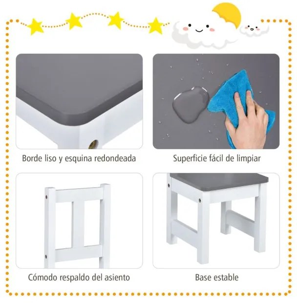 Conjunto de mesa e cadeiras para crianças 4 peças de actividades de madeira 2 em 1 com 2 cadeiras e 1 banco para brincar desenhar ler comer Cinzento