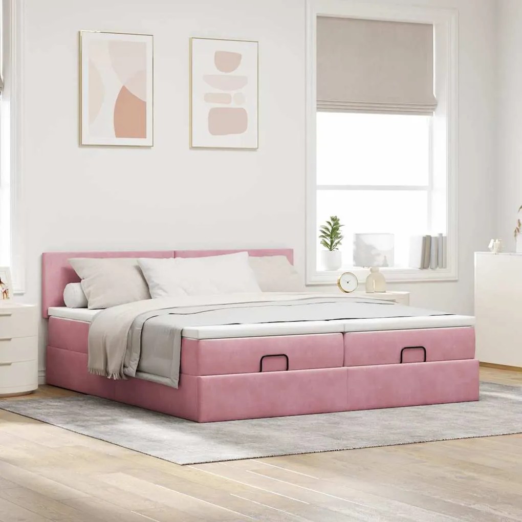 Estrutura de cama otomana com colchões 180x200 cm veludo rosa