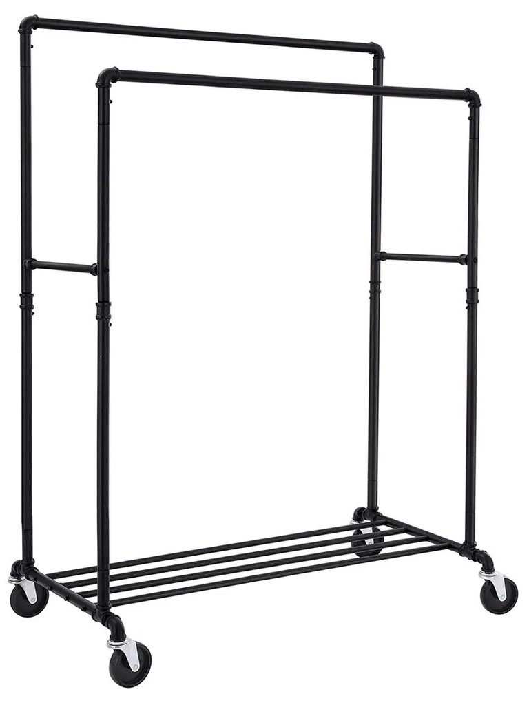 Cabideiro industrial de tubos SONGMICS sobre rodas, carga máxima de 110 kg, trilho duplo para pendurar, metal resistente com prateleira, nível comercial, preto HSR60B