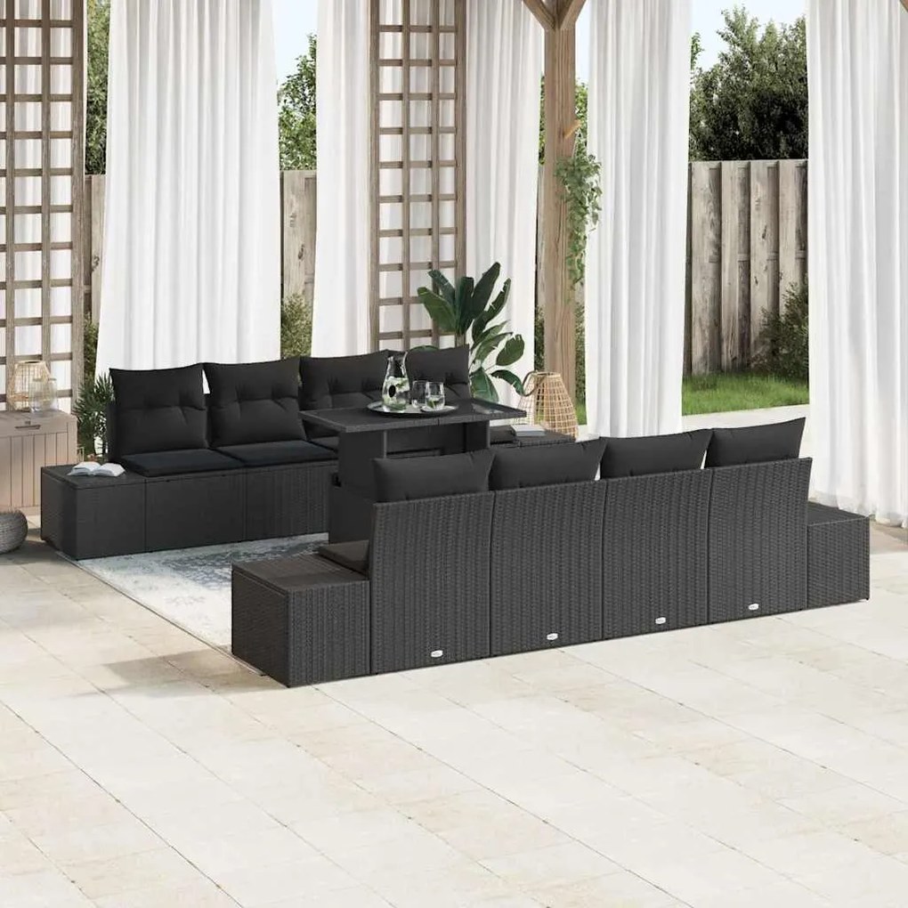 vidaXL Conjunto de Sofá de Jardim com 9 Peças e Almofadas Pretas em Rattan Sintético