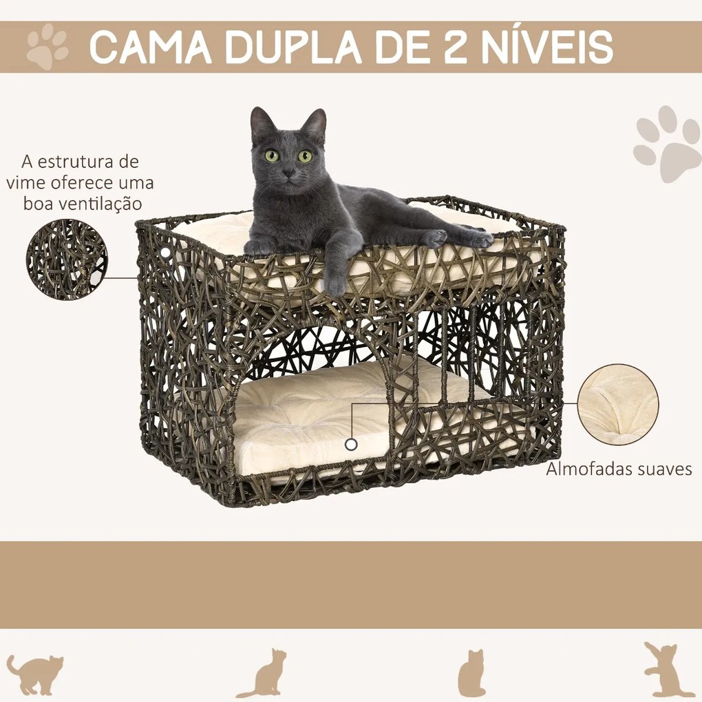 Cesta de Vime para Gatos de 2 Alturas Cama Caverna de Gatos com 2 Almofadas Suaves e Janela 56x41x45cm Café Escuro