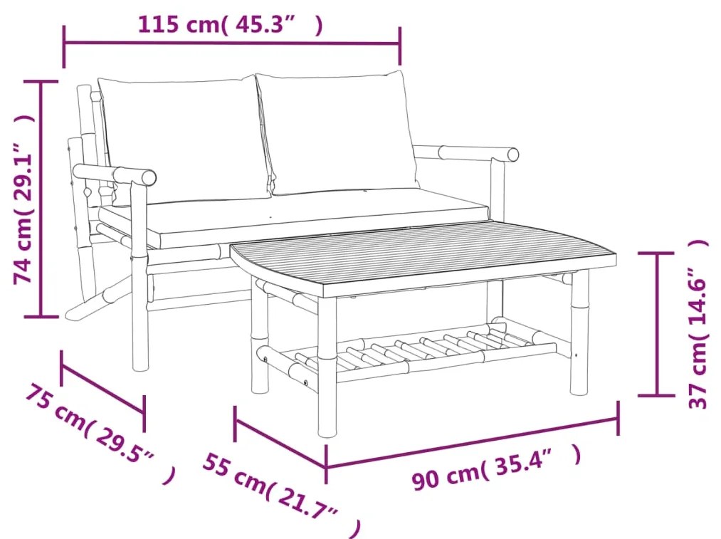 2pcs conj. lounge de jardim bambu c/ almofadões cinzento-escuro