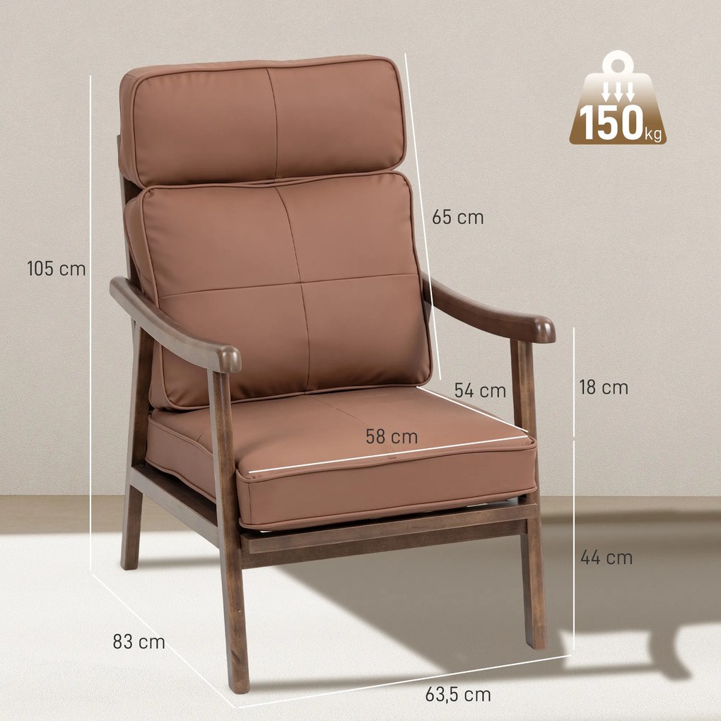 Poltrona de Sala de Estar Estofada em PU com Estrutura de Madeira Almofadas Acolchoadas Poltrona de Leitura 63,5x83x105 cm Castanho