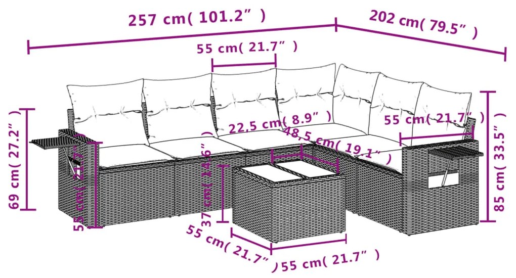 7 pcs conjunto de sofás p/ jardim com almofadões vime PE bege