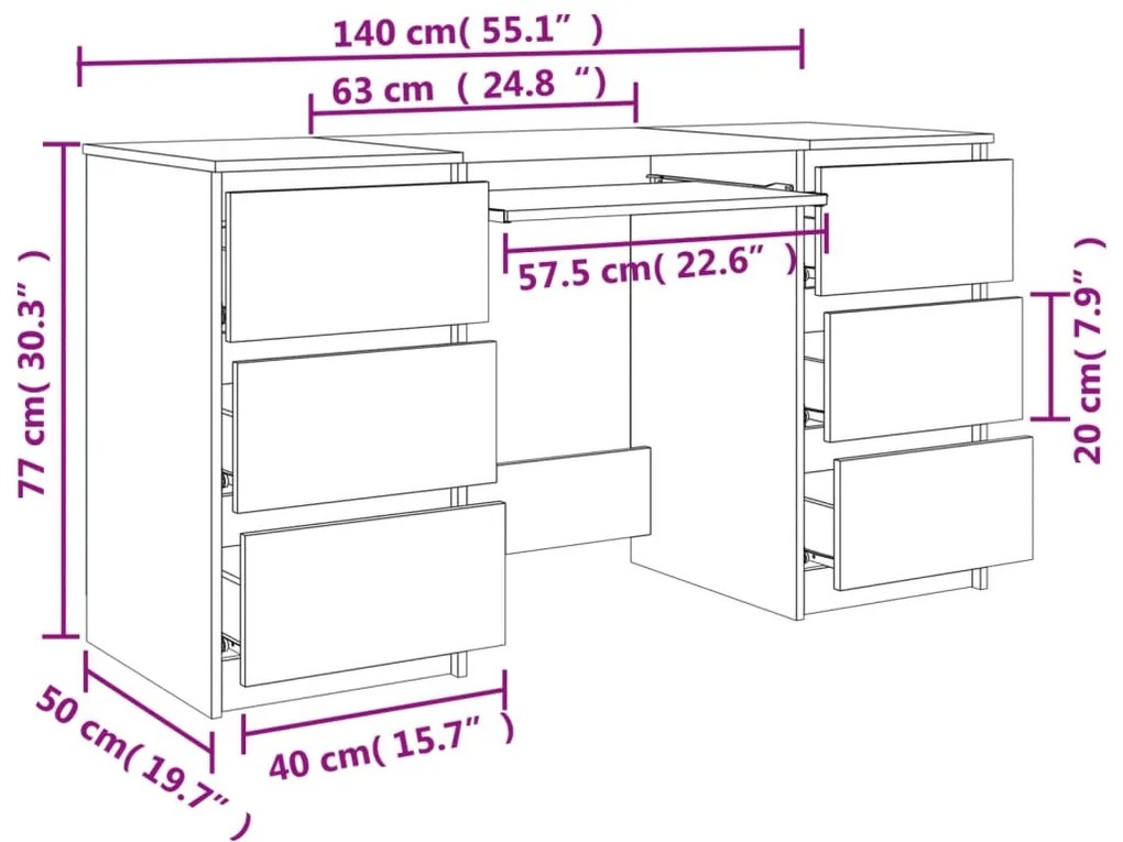 Secretária Luxes com 6 Gavetas de 140 cm - Carvalho - Design Moderno