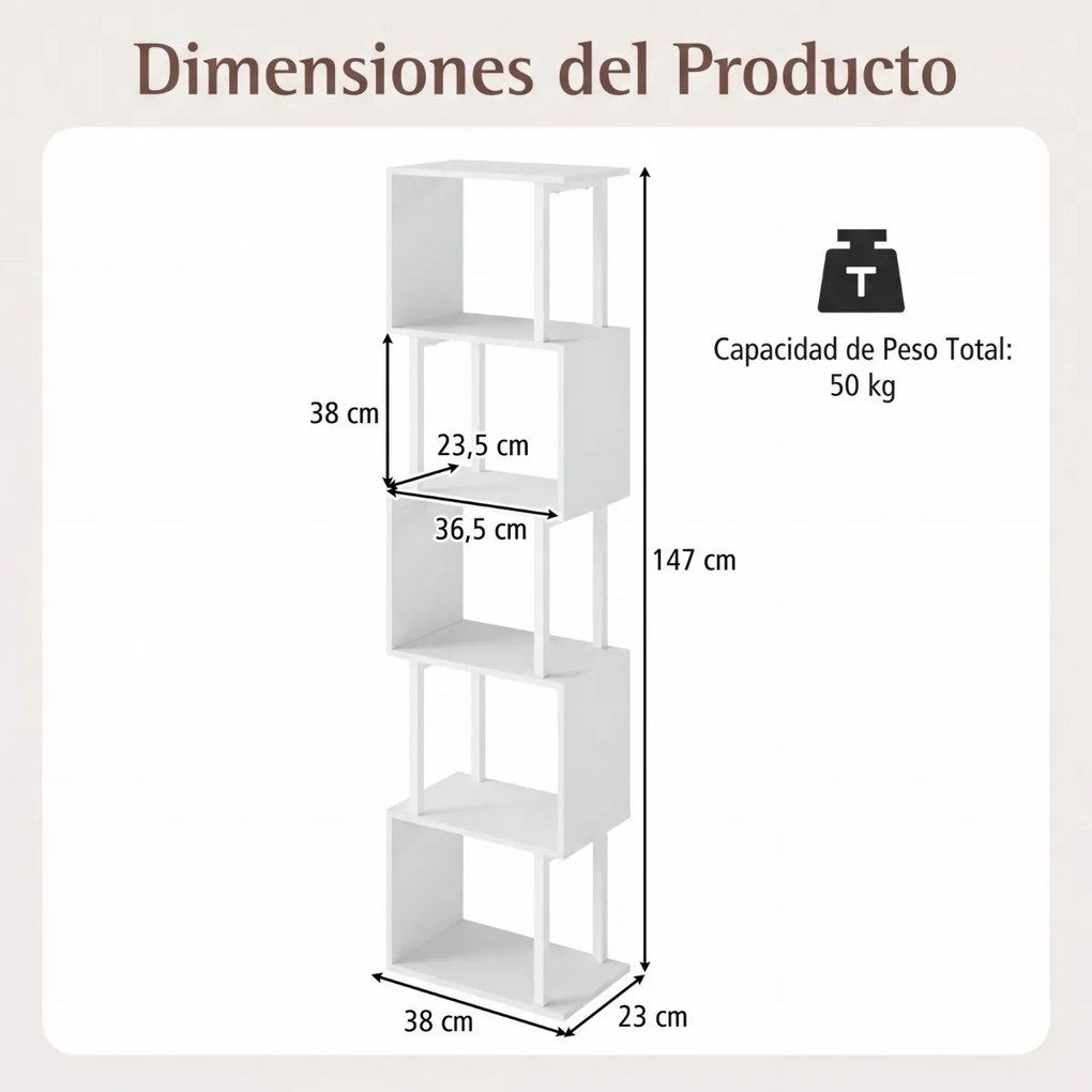 Estante de 5 prateleiras, geométrica em forma de S com estrutura metálica e sistema anti-tombamento 38 x 23 x 147 cm Branca