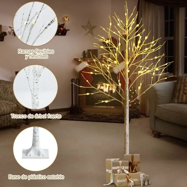 Árvore de Natal artificial de 180 cm com ramos de bétula e 96 luzes LED Mini Árvore decorativa branca