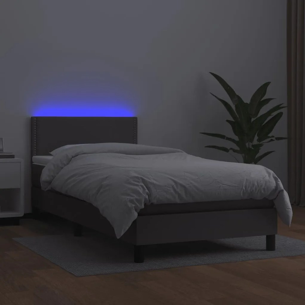 Cama box spring c/ colchão/LED 90x190 cm couro artificial cinza