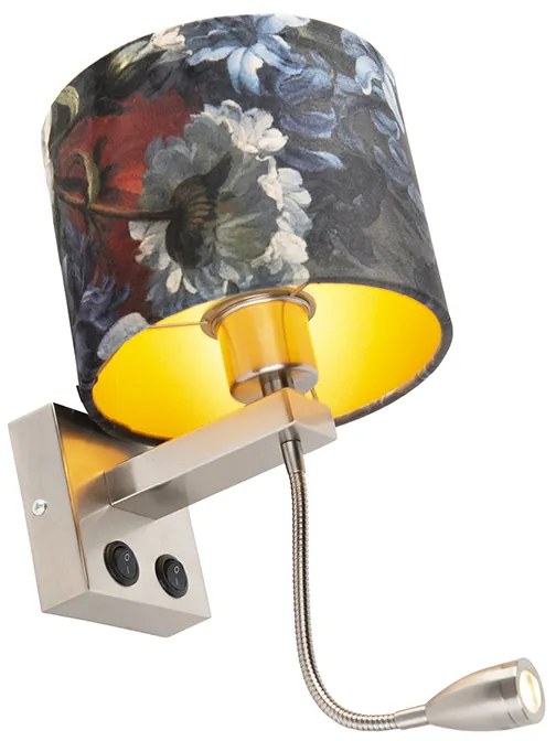 Candeeiro de parede em aço com abajur de veludo flores com dourado - Brescia Moderno
