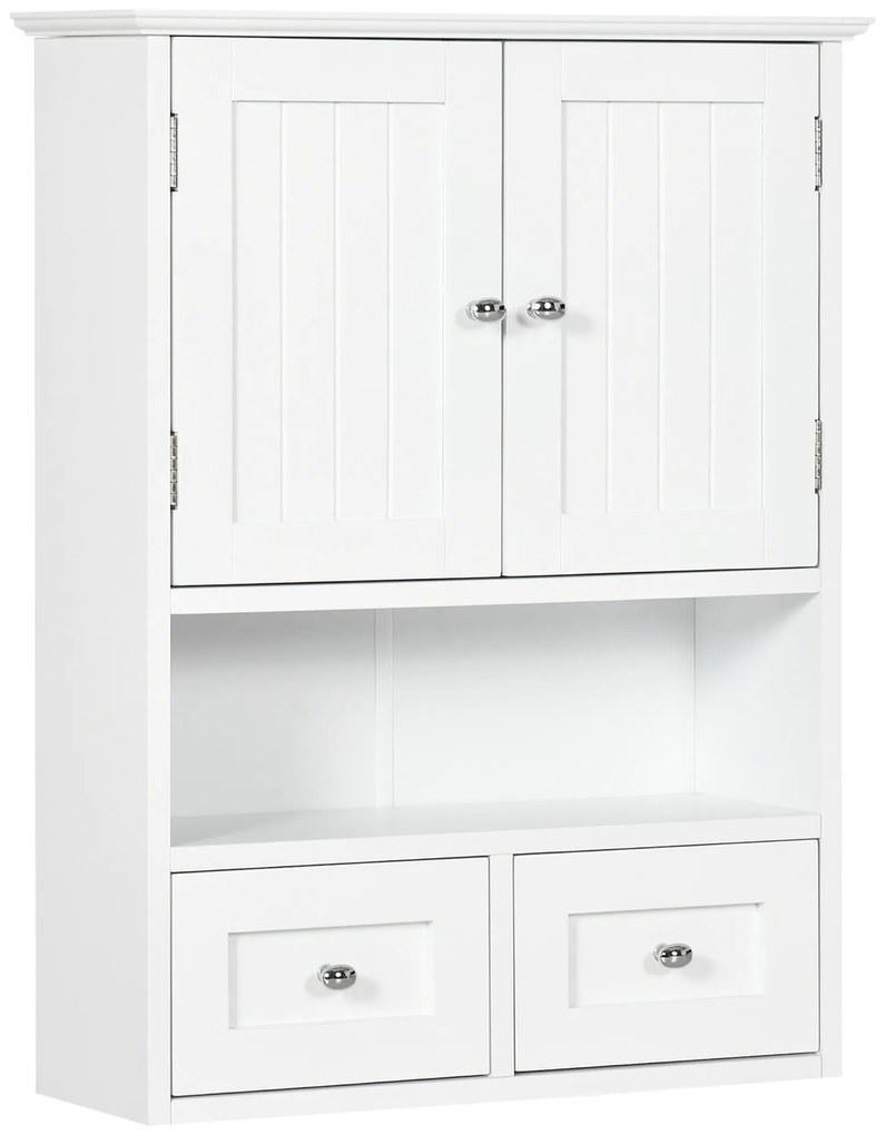 kleankin Armário de Parede para Casa de Banho com 2 Portas Prateleira Aberta e 2 Gavetas Estilo Moderno 50,8x17,8x66 cm Branco
