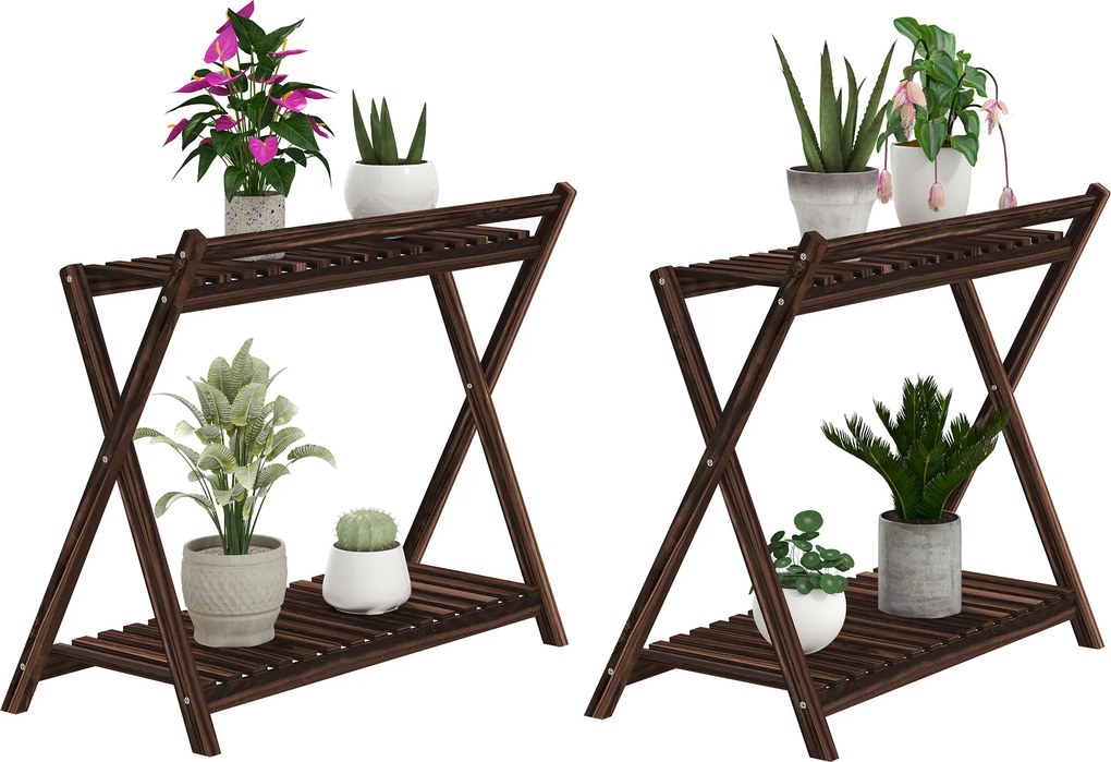 Conjunto de 2 suportes para plantas de interior com 2 níveis 73 x 36 x 64 cm, , prateleiras para plantas e suporte traseiro, castanhos