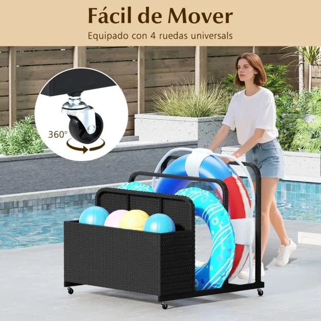 Organizador de armazenamento 100 cm x 100 cm x 94 cm Exterior para boias de piscina em vime para exterior Cesto caddy com rodas Preto