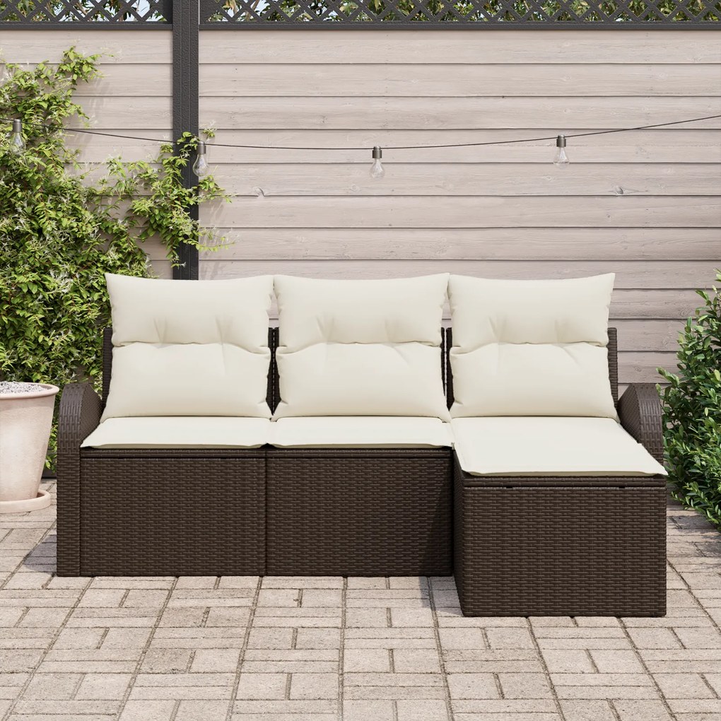 Conjunto de Sofá de Jardim de 4 Peças com Almofadas Castanho Rattan Po