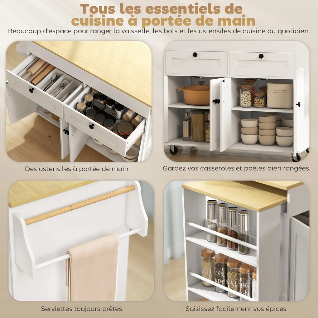 Ilha central de cozinha com tampo extensível, carrinho de cozinha com Rodas, 2 gavetas e 4 portas, branco