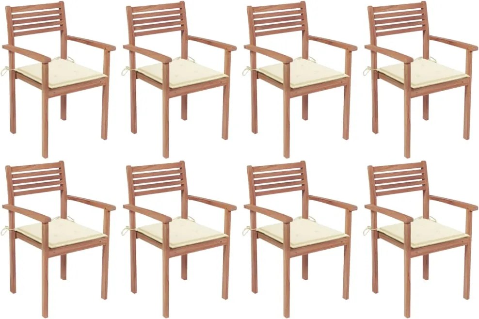 vidaXL Cadeiras de jardim empilháveis c/ almofadões 8 pcs teca maciça