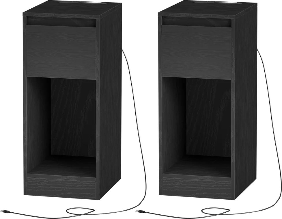 Conjunto 2 mesas de cabeceira 30 x 25 x 59,5 cm com iluminação LED, portas USB e gaveta Pretas