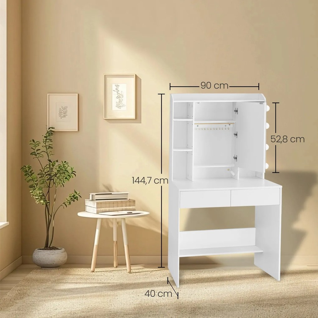 Toucador com iluminação LED 40 x 90 x 144,7 cm, cores de luz e brilho reguláveis, toucador com espelho Branco 