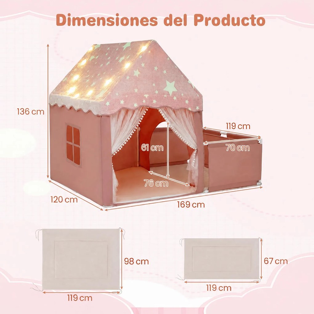 Casa de Jogos 2 em 1 com Parque Infantil, 169 x 120 x 136 cm, Luzes Estreladas, Rosa