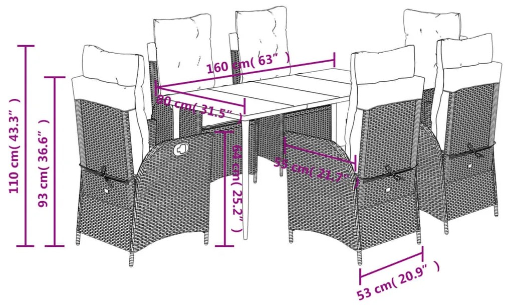 7 pcs conjunto de jantar p/ jardim com almofadões vime PE bege