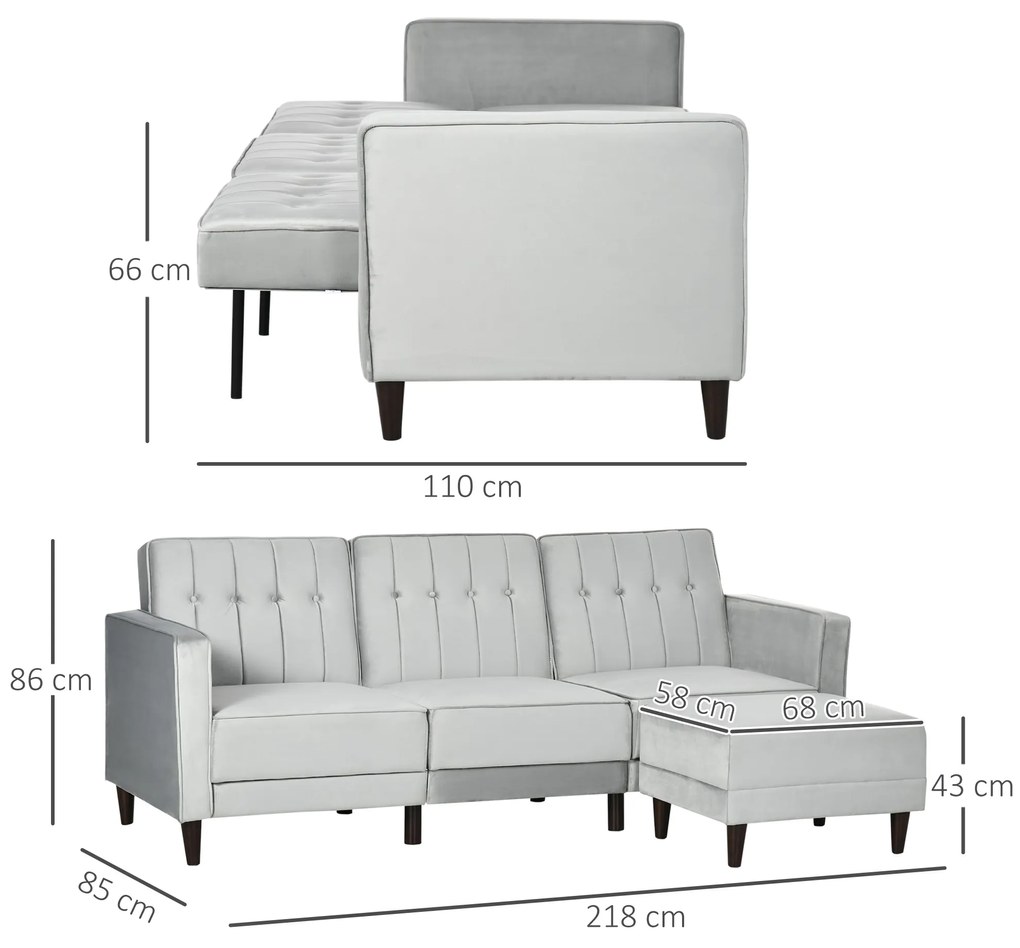HOMCOM Sofá Cama com Chaise Longue de 3 Lugares Tato Aveludado com Encosto Ajustável e Apoio para os Pés Móvel 218x85x86cm Cinza