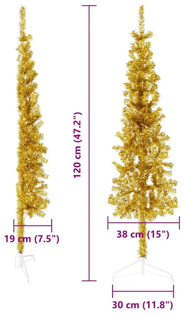 Meia árvore de Natal fina com suporte 120 cm dourado