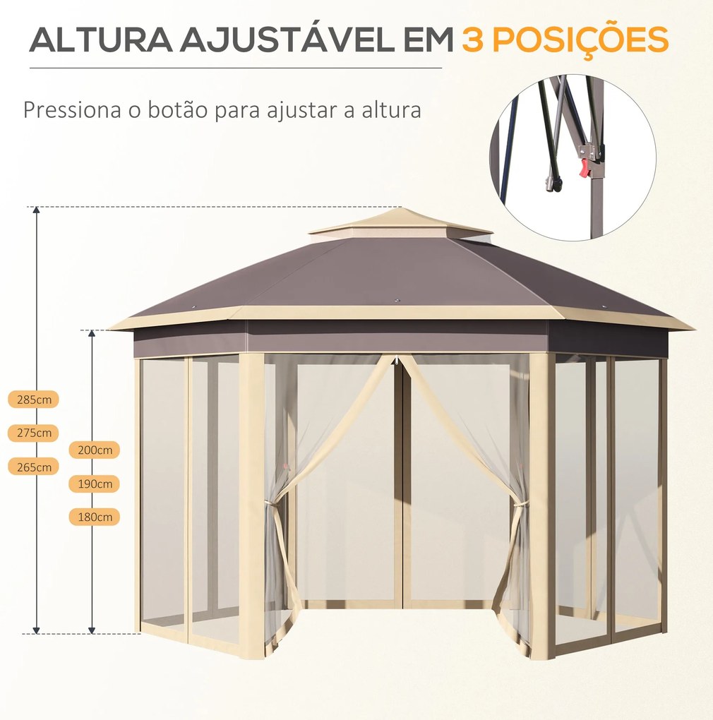 Tenda Dobrável 4,05x3,4x2,85 m Tenda de Jardim Hexagonal com Duplo Tet