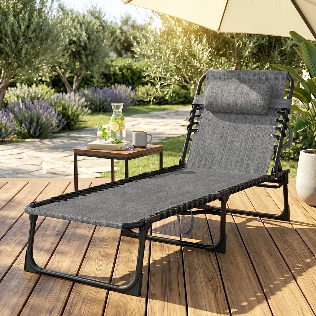 Espreguiçadeira dobrável com encosto reclinável em 5 posições e apoio para a cabeça removível, 189 x 58 x 30 cm, cinzenta