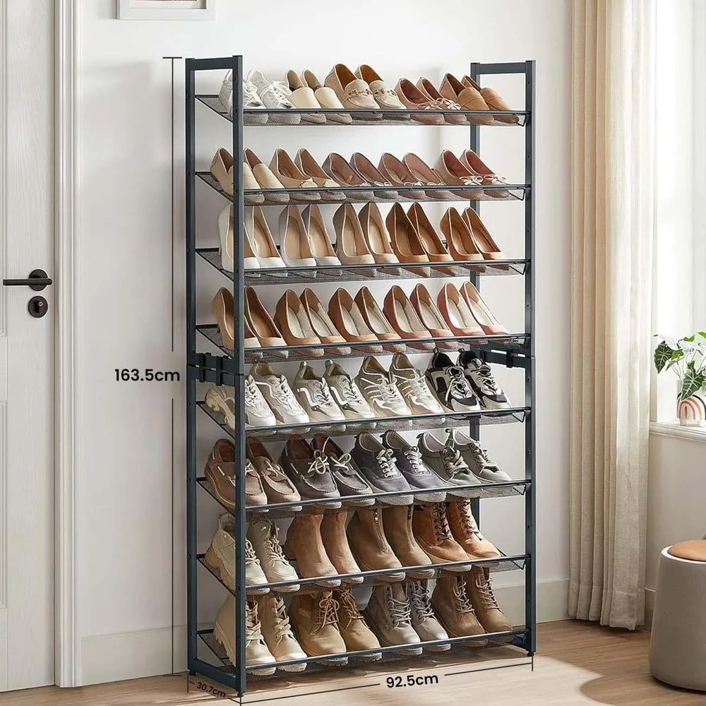Sapateira com 8 níveis 92,5 x 30,7 x 163,5 cm, organizador de sapatos, 2 estantes empilháveis com 4 níveis cinzento