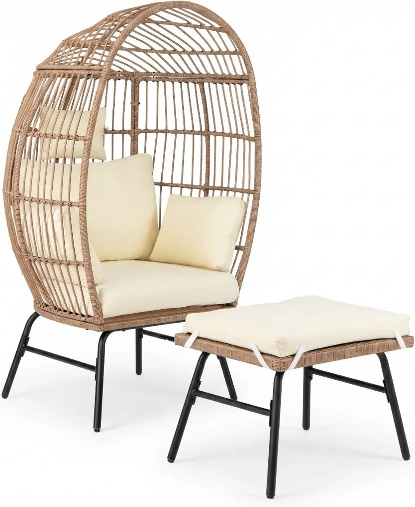 Cadeira Ovo Jardim em Rattan PE com pufe para Apoio para os pés Extragrande Castanho Misto