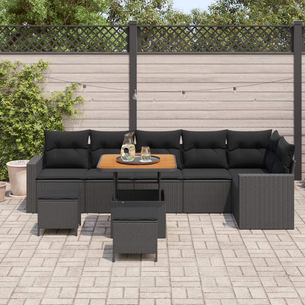Conjunto de Sofá de Jardim vidaXL 9 Peças com Almofadas Preto Rattan S