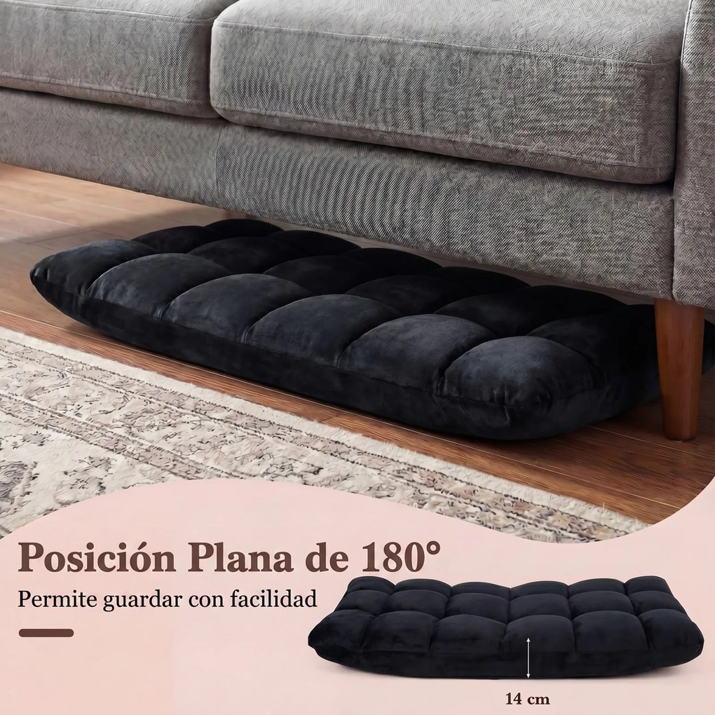 Cadeira de Chão Dobrável, 104 x 53 x 15 cm, Encosto Ajustável em 14 Posições, Preto