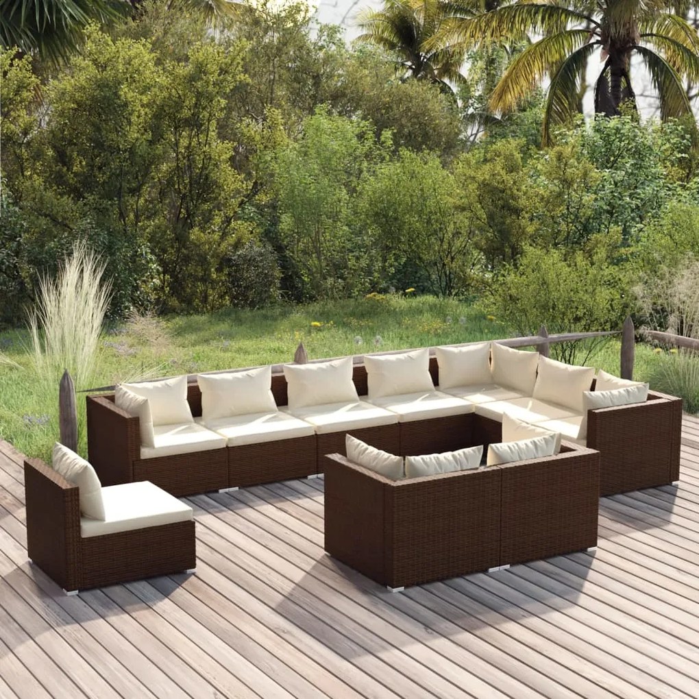 vidaXL 10 pcs conjunto lounge de jardim c/ almofadões vime PE castanho