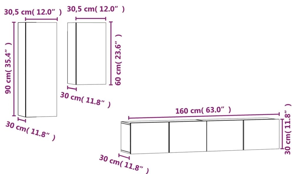 4 pcs conjunto de móveis de TV derivados de madeira preto