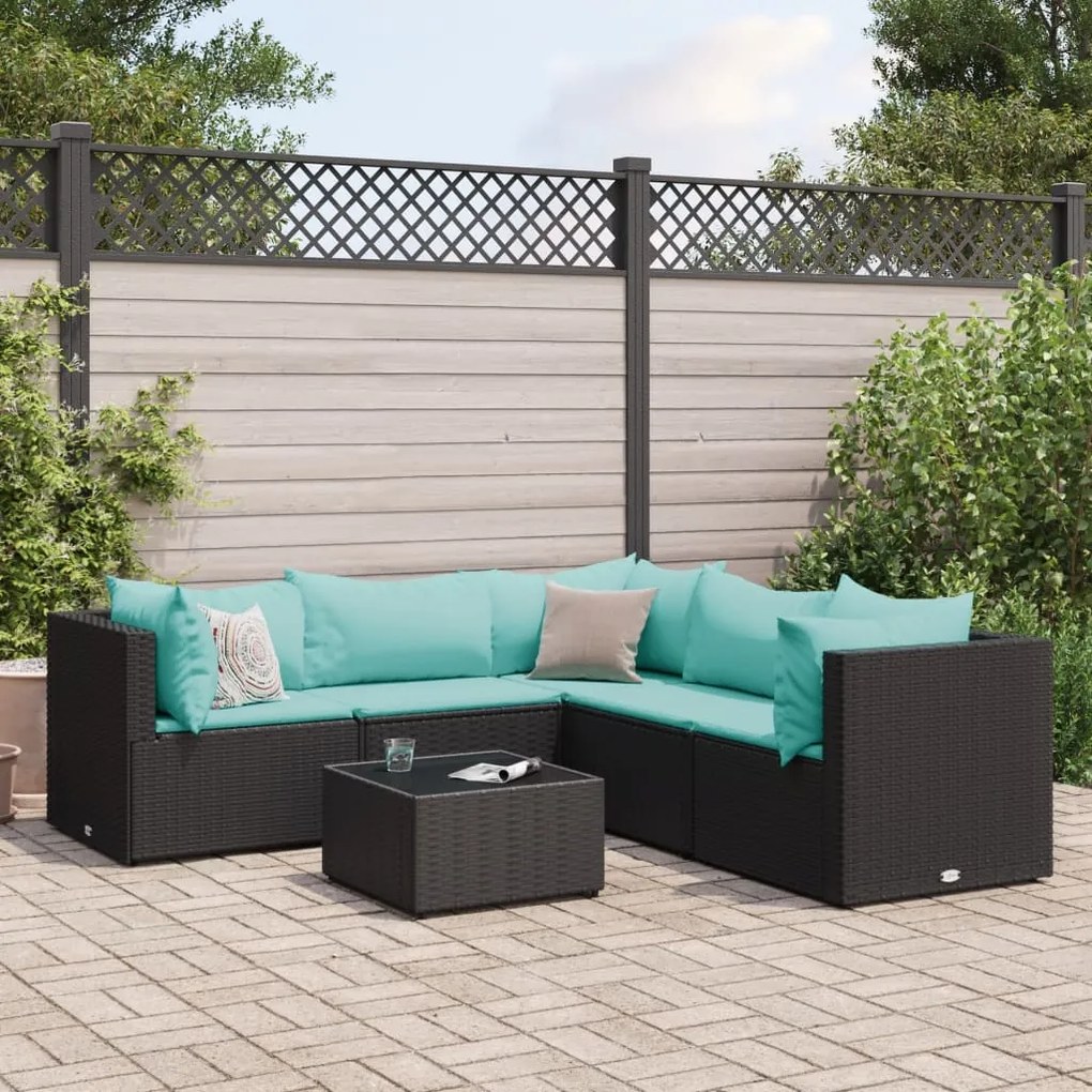 6 pcs conjunto lounge de jardim c/ almofadões vime PE preto