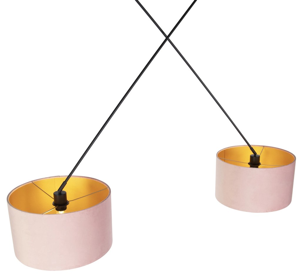Candeeiro de suspensão preto com abajures de veludo rosa e dourado 35 cm 2-luzes - Blitz Country / Rústico,Rústico