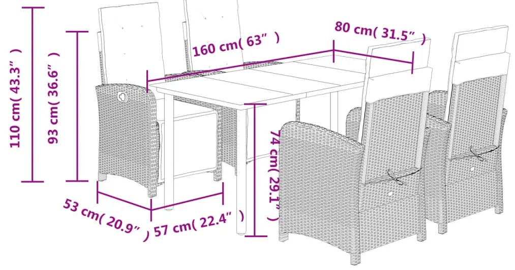 5 pcs conjunto de jantar p/ jardim c/ almofadões vime PE preto