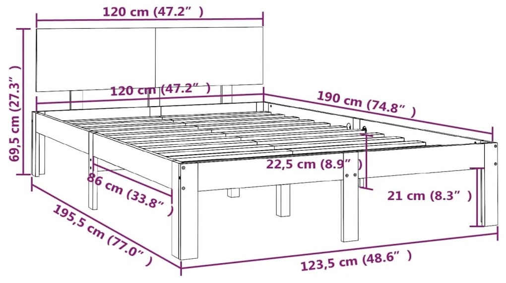 Estrutura de cama pequena casal 120x190 cm pinho maciço