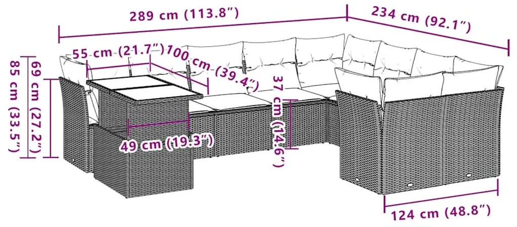 10 pcs conjunto sofás de jardim c/ almofadões vime PE preto
