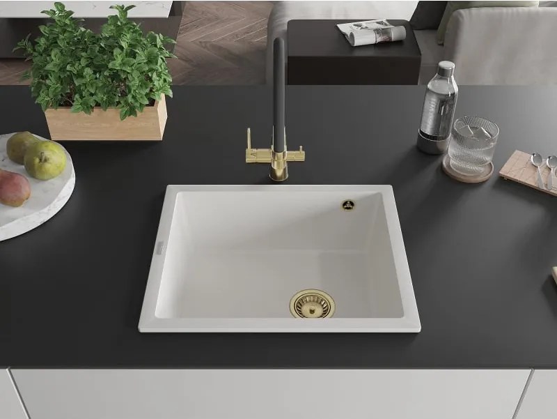 Mexen Pedro lava-louça de granito 1-cuba 560 x 460 mm, branco, sifão dourado - 6508561000-20-G