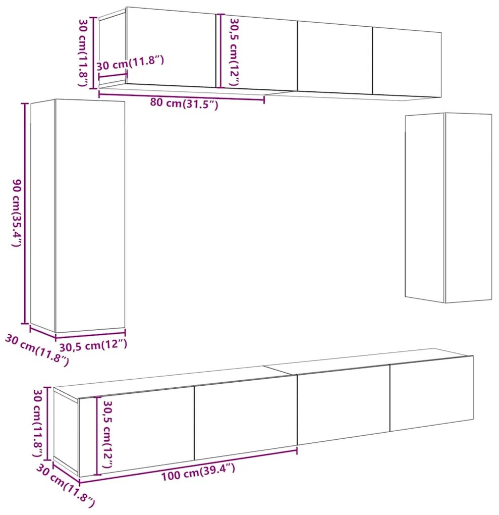 Conjunto de armário TV de parede 6 pcs madeira madeira velha