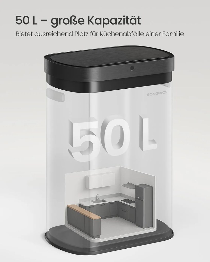 Caixote do lixo automático com sensor e tampa em aço com fecho suave 42,5 x 27,1 x 58,7 cm Preto