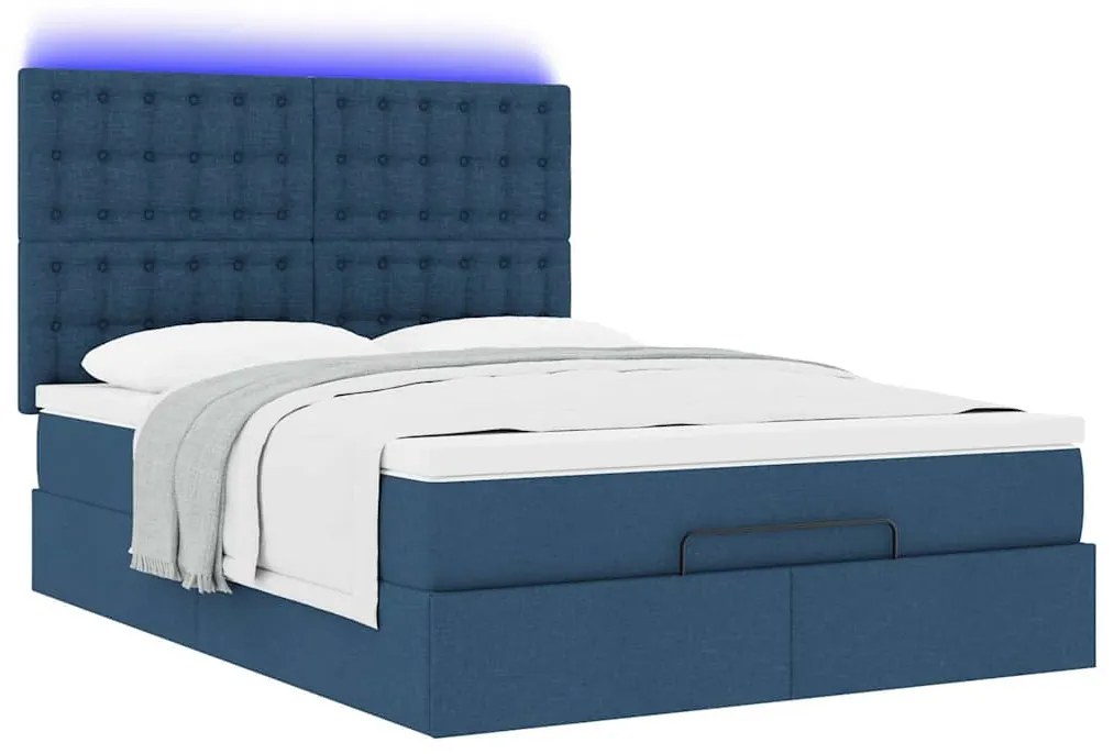 Estrutura de cama otomana com colchão tecido azul 140x200cm