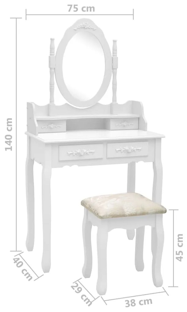 Conj. toucador com banco 75x69x140 cm madeira paulownia branco