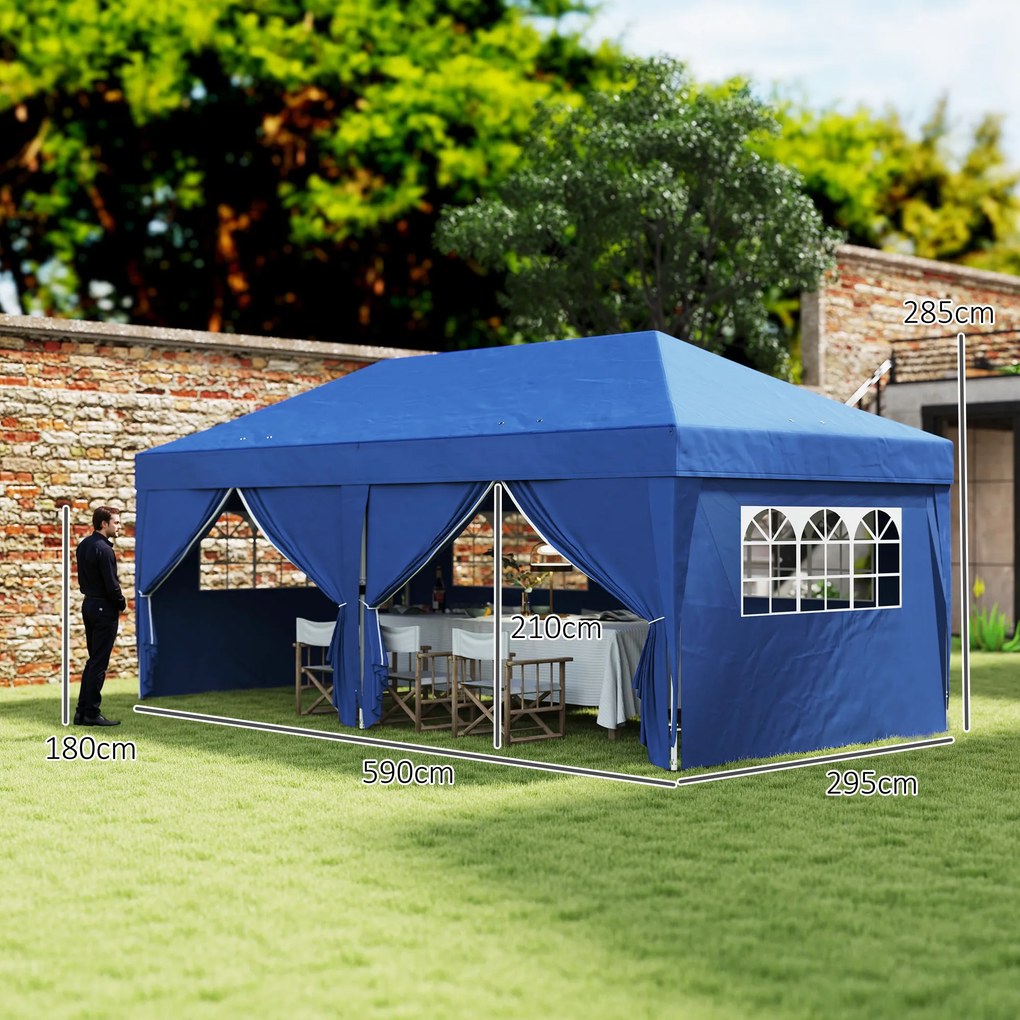 Tenda de jardim para exterior 3 x 6 m, tenda dobrável com 6 paredes laterais, saco de transporte incluído, azul