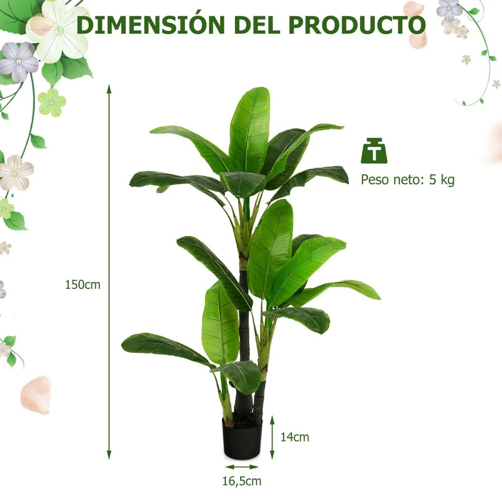 Árvore artificial falsa de 150 cm, palmeira tropical com 18 folhas grandes com vidro de cimento, planta verde realista para mesa e casa