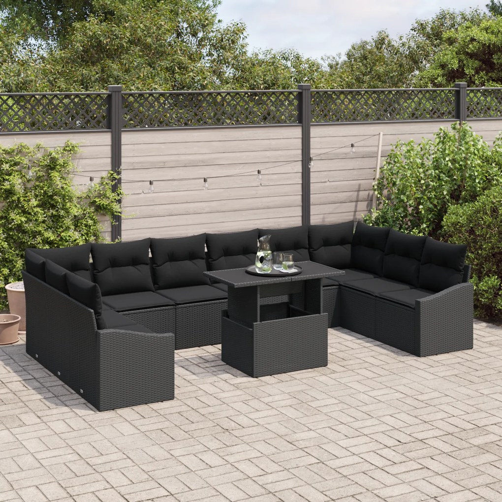 Conjunto de Sofá de Jardim de 11 Peças com Almofadas Preto em Rattan
