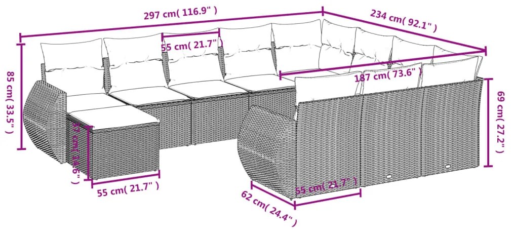 11 pcs conjunto sofás de jardim c/ almofadões vime PE bege