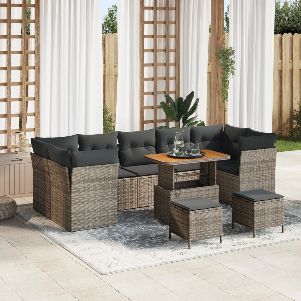 vidaXL Conjunto de Sofá de Jardim de 10 Peças com Almofadas Cinza em Polyrattan e Acácia