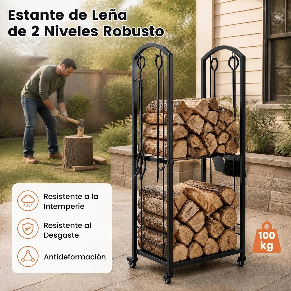Estante Vertical para Lenha, 46 x 33 x 121,5 cm, Conjunto de Ferramentas, Preto