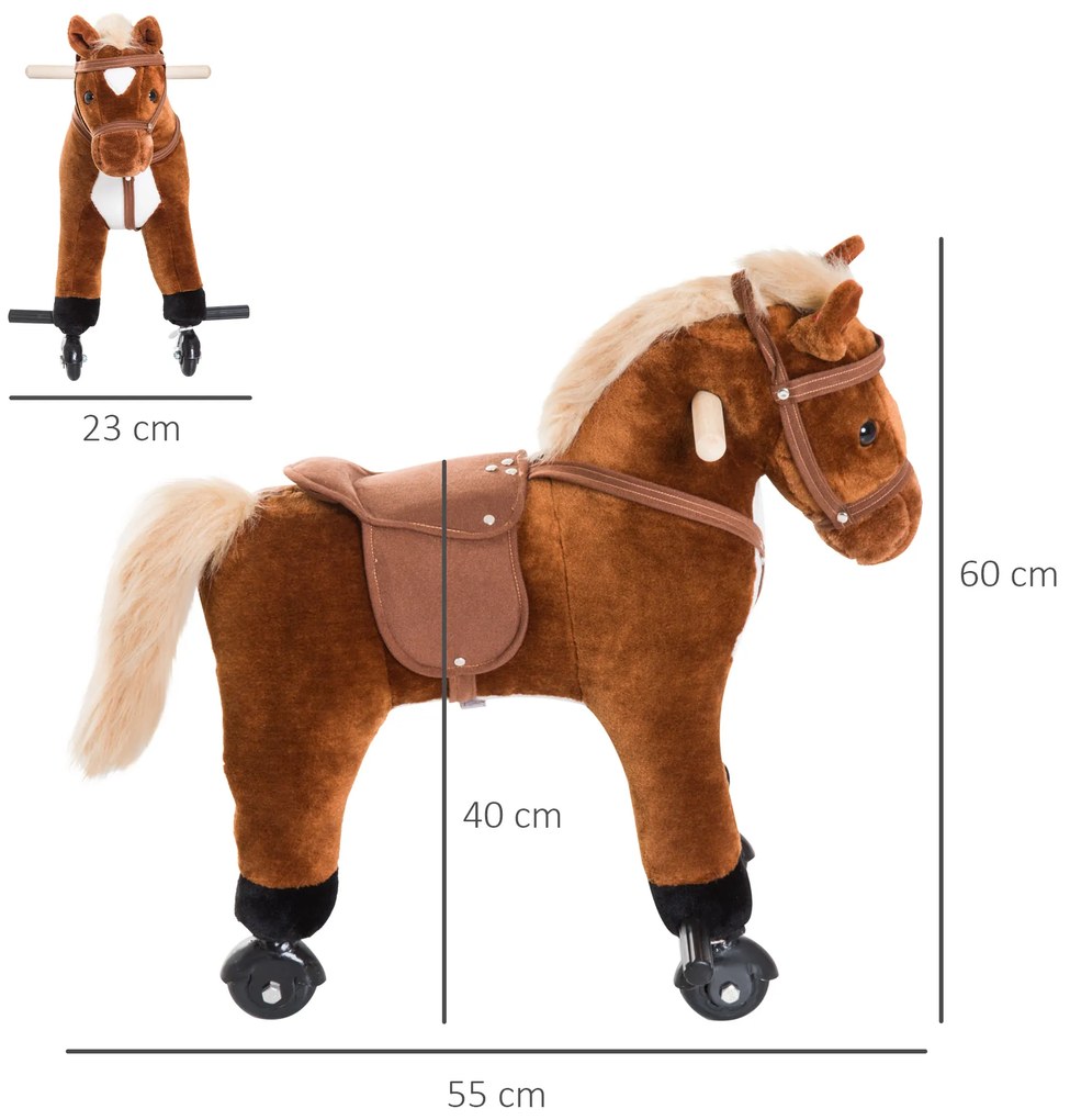 HOMCOM Cavalo para Crianças acima de 36 Meses Cavalo com Rodas Sons de Relincho e Pedais Carga Máxima 60 kg 55x23x60 cm Marrom
